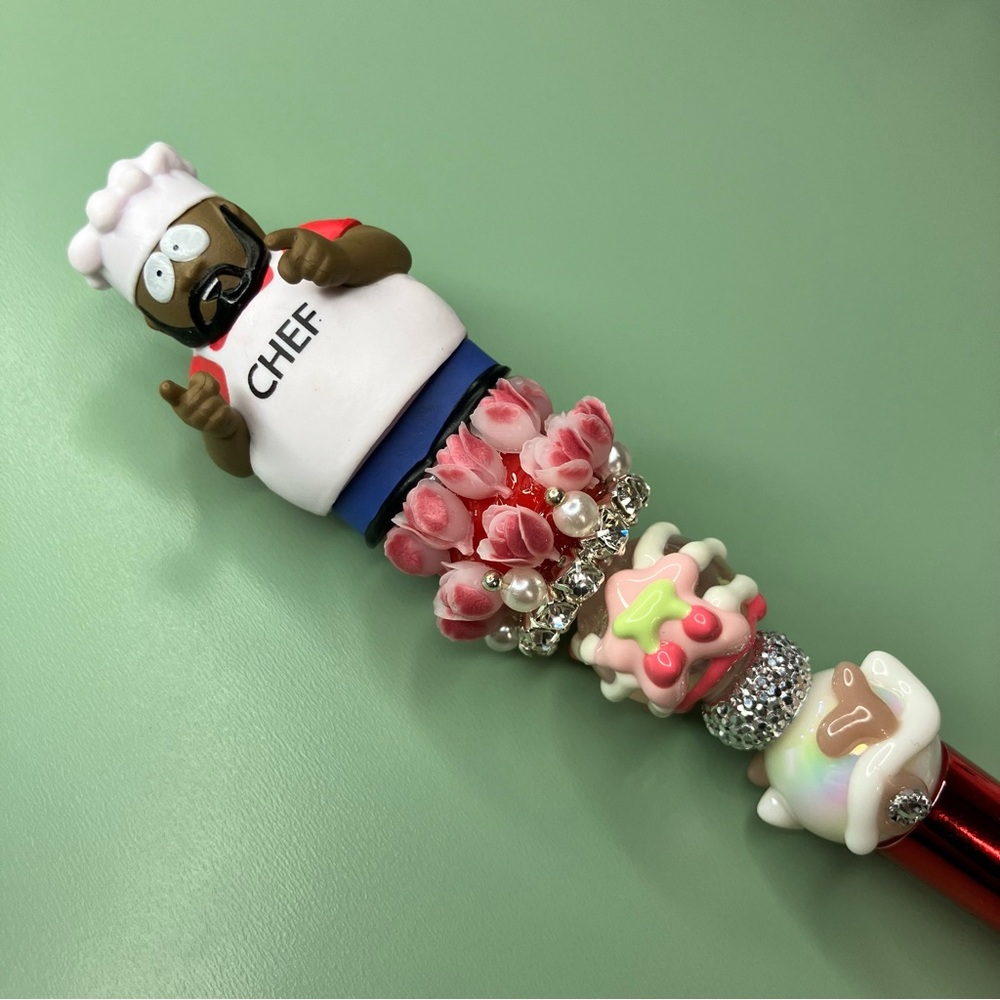Chef Repurposed South Park Figure Beaded Pen with Red Accents Flowers Cherries - Picture 2 of 5